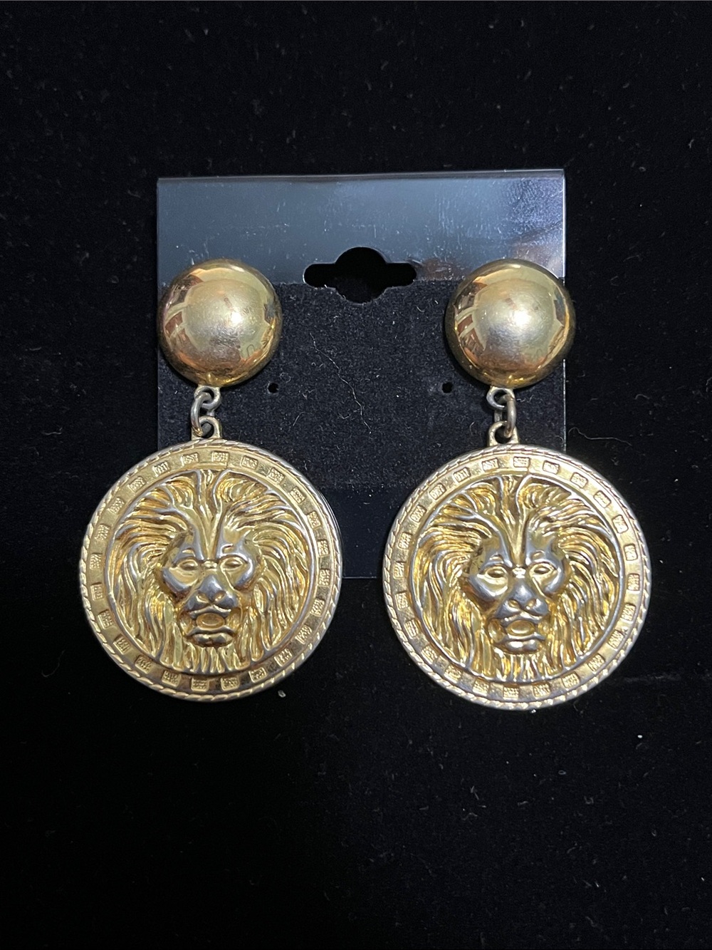Gold Lion Head Medallion Drop Earrings - Women Jewelry
